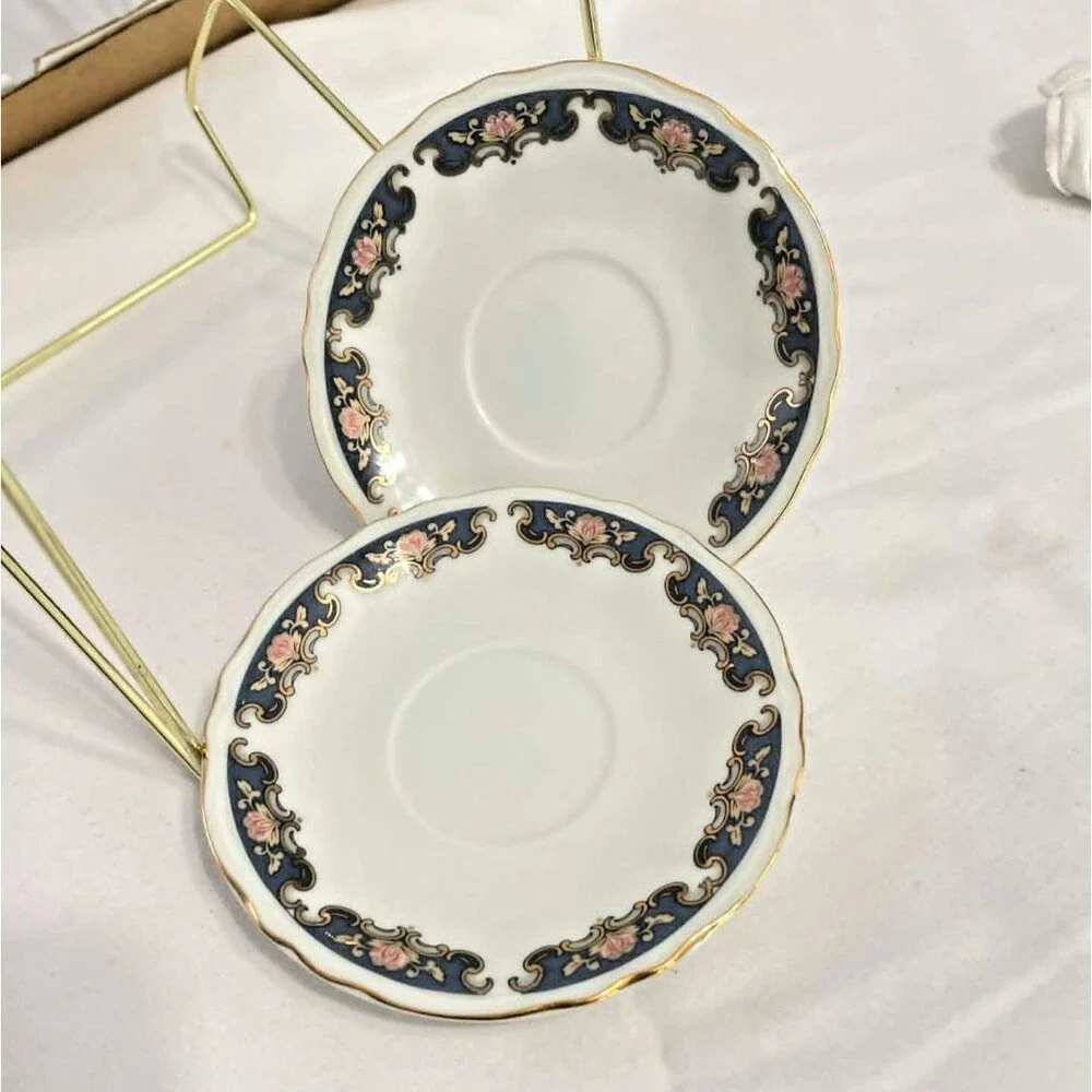 Toyo Saucers Set of 2 4.75in White Cobalt Blue Floral Gold Gilt Japan